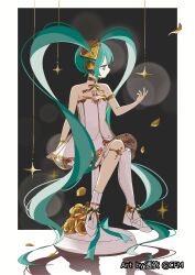 1girl absurdres ankle_bow ankle_ribbon aqua_bow aqua_eyes aqua_hair asymmetrical_legwear bare_shoulders black_background boots bow dress flat_chest gold_armlet gold_bow gold_choker hair_ornament hatsune_miku headphones highres long_hair official_alternate_costume official_alternate_hairstyle ribbon sitting solo sskitaco strapless strapless_dress thighhighs twintails very_long_hair vocaloid white_dress white_thighhighs