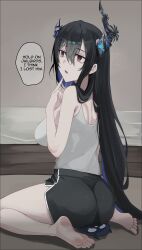 1girl absurdres ass asymmetrical_horns barefoot black_hair black_shorts blue_hair breasts canvas_sensei colored_inner_hair demon_horns dolphin_shorts english_text feet from_behind hair_between_eyes highres hololive hololive_english horns index_finger_raised jailbird_(nerissa_ravencroft) large_breasts long_hair looking_to_the_side mole mole_under_eye multicolored_hair nerissa_ravencroft on_floor open_mouth purple_eyes short_shorts shorts sitting sitting_on_animal soles speech_bubble tank_top thighs toes two-tone_hair uneven_horns very_long_hair virtual_youtuber wariza white_tank_top