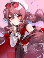 Rule 34 | 1girl, bare shoulders, brown hair, commentary request, detached sleeves, dress, eyewear on head, flower-shaped pupils, genshin impact, grin, happy birthday, hat, highres, hijiri (sacra 0419), hu tao (cherries snow-laden) (genshin impact), hu tao (genshin impact), jewelry, long hair, looking at viewer, multiple rings, official alternate costume, pink background, red eyes, ring, round eyewear, simple background, sleeveless, sleeveless dress, smile, solo, sunglasses, symbol-shaped pupils, teeth, tinted eyewear, twintails, upper body, v, white dress, white hat, white sleeves