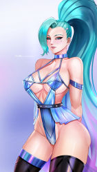 Rule 34 | 1girl, artist name, badcompzero, breasts, earrings, green eyes, green hair, highres, jewelry, seraphine (league of legends), solo, tagme