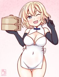 1girl alternate_costume artist_logo bamboo_steamer steamed_bun blonde_hair blue_eyes blue_hair blush breasts china_dress chinese_clothes cowboy_shot dated dress elbow_gloves food gloire_(kancolle) gloves gradient_background kanon_(kurogane_knights) kantai_collection logo looking_at_viewer medium_breasts one-hour_drawing_challenge pink_background short_hair smile solo white_dress