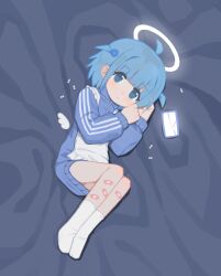 1girl ahoge apron bandaid bandaid_on_leg bed_sheet blue_eyes blue_hair blue_jacket blush cellphone closed_mouth commentary_request cracked_screen detached_wings frilled_apron frills full_body hair_ornament halo hands_up highres indie_utaite jacket jersey_maid korean_commentary lakilolom long_sleeves lying maid mini_wings no_shoes on_side phone pill puffy_long_sleeves puffy_sleeves ringed_eyes socks solo squid_hair_ornament track_jacket two_side_up unconventional_maid white_apron white_socks white_wings wings wotoha_(character)