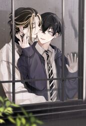 2boys black_hair black_hoodie black_necktie blonde_hair blurry blurry_foreground closed_eyes collared_shirt commentary_request crossed_bangs depth_of_field diagonal-striped_clothes diagonal-striped_necktie drawstring earrings glint grey_eyes grey_shirt hair_between_eyes hair_bun hands_up hanemiya_kazutora highres hood hood_down hoodie jacket jewelry looking_at_another looking_outside male_focus matsuno_chifuyu mole mole_under_eye multicolored_hair multiple_boys neck_tattoo necktie neconecowc one_eye_closed open_clothes open_hoodie open_mouth parted_bangs plant ponytail profile rain shirt short_hair sidelocks single_hair_bun smile streaked_hair striped_clothes striped_necktie tattoo tokyo_revengers two-tone_hair undercut upper_body white_jacket wing_collar yaoi