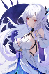 1girl absurdres bare_shoulders breasts closed_mouth dress floating_hair genshin_impact gloves gradient_gloves hair_ornament highres large_breasts long_hair looking_at_viewer pisuke_(user_kcmh2774) purple_gloves purple_hair red_eyes signature skirk_(genshin_impact) solo upper_body white_dress white_hair