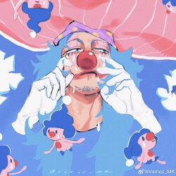 1boy blue_background blue_eyes blue_hair buggy_the_clown closed_mouth clown_nose creatures_(company) crossover facepaint facial_hair game_freak gen_4_pokemon gloves goatee hat highres male_focus mime_jr. nintendo one_piece pink_hat pokemon pokemon_(creature) teardrop tears upper_body vamos_mk white_gloves