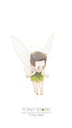 Rule 34 | 1boy, animification, bare shoulders, brown eyes, character name, chibi, commentary, cosplay, crossdressing, dress, english commentary, facial hair, fairy wings, full body, green dress, green shoes, grey hair, iron man (series), looking down, male focus, marvel, marvel cinematic universe, mian lang, no mouth, pom pom (clothes), shoes, short dress, short hair, simple background, sleeveless, sleeveless dress, solo, sparkle, standing, star (symbol), strapless, strapless dress, tinker bell (disney), tinker bell (disney) (cosplay), tony stark, transparent wings, walt disney&#039;s peter pan, white background, wings