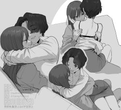 2girls alternate_hairstyle back black_hair breasts cleavage closed_eyes commentary girls_und_panzer greyscale katsuoboshi long_hair mika_(girls_und_panzer) monochrome multiple_girls yuri yuri_(girls_und_panzer)