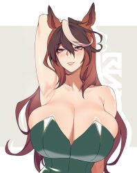 1girl alternate_costume animal_ears arm_behind_head arm_up bare_shoulders breasts brown_hair cero_rains cleavage collarbone commentary drop_shadow english_commentary green_leotard grey_background grey_hair grin hair_between_eyes highres horse_ears horse_girl huge_breasts leotard light_blush long_bangs long_hair looking_at_viewer multicolored_hair pink_eyes pink_lips shiny_skin smile streaked_hair sweat symboli_rudolf_(umamusume) two-tone_background umamusume upper_body white_background