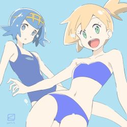 10s 2girls aqua_eyes bikini blue_background blue_bikini blue_eyes blue_hair bubble collarbone dated hairband kueru lana_(pokemon) looking_at_viewer misty_(pokemon) multiple_girls navel nintendo one-piece_swimsuit orange_hair pokemon pokemon_(anime) pokemon_sm042 pokemon_sm_(anime) school_swimsuit short_hair side_ponytail smile swimsuit