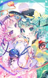 2girls black_hairband black_hat blouse blue_shirt blush bow collared_shirt commentary cowboy_shot floral_print floral_print_skirt frilled_hat frilled_shirt_collar frilled_skirt frilled_sleeves frills green_eyes green_hair green_nails green_skirt hair_ornament hairband hand_on_another&#039;s_cheek hand_on_another&#039;s_face hat hat_bow heart heart_hair_ornament heart_of_string highres koishi_day komeiji_koishi komeiji_satori kouyou_gunkan long_sleeves looking_at_viewer multiple_girls open_mouth parted_lips pink_hair pink_skirt polka_dot polka_dot_bow purple_eyes purple_nails revision ribbon-trimmed_collar ribbon_trim rose_print shirt short_hair siblings sisters skirt sparkle third_eye touhou wide_sleeves yellow_shirt