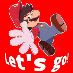 Rule 34 | 1boy, blue eyes, blue overalls, brown hair, emi5 papalove, english text, facial hair, foreshortening, gloves, hat, highres, male focus, mario, mario (series), mustache, nintendo, open mouth, overalls, reaching, reaching towards viewer, red hat, red shirt, shirt, smile, tagme, white gloves