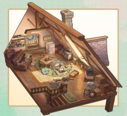 1boy book book_stack bookshelf bottle box carpet couch food fruit glass_bottle headphones indoors interior isometric lying male_focus map mikan_yuzuko on_stomach open_book original patch plant reading refrigerator room roomscape rug silk slice_of_life solo spider_web stairs stitches stove sunlight table television toy toy_airplane vacuum_cleaner window wood wooden_floor