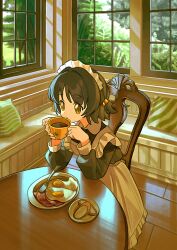 1girl absurdres apron bacon bread brown_eyes brown_hair chair cup day dress food fork fried_egg frilled_apron frills hair_bobbles hair_ornament highres holding holding_cup indoors kagenoyuhi long_sleeves looking_at_viewer maid maid_apron maid_headdress on_chair original plate short_hair sitting solo table teacup white_apron window