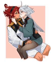 Rule 34 | 2girls, asticassia school uniform, baesong, black hairband, black pantyhose, blue eyes, border, commentary request, green jacket, green shorts, grey eyes, gundam, gundam suisei no majo, hairband, hand on another&#039;s neck, hand on another&#039;s thigh, hand on another&#039;s waist, imminent kiss, jacket, korean commentary, long hair, miorine rembran, multiple girls, pantyhose, pantyhose under shorts, pink background, ponytail, red hair, school uniform, shorts, simple background, suletta mercury, white border, white hair, white jacket, white shorts, yuri
