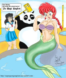 10s 1boy 2012 2girls animal ariel_(disney) ariel_(disney)_(cosplay) arm_support bamboo bikini bikini_top_only black_hair blue_eyes blue_skirt blush borrowed_character braid breasts cleavage cloud collarbone commission cosplay crossover dated disney disneyland father_and_daughter genderswap genderswap_(mtf) glasses highres holding holding_sign kimbawest_(character) kneehighs large_breasts long_hair looking_at_another looking_down march medium_breasts mermaid monster_girl multiple_girls navel neckerchief onsen open_mouth original panda purple_bikini ranma-chan ranma_1/2 red_hair red_lips red_neckerchief rock saotome_genma saotome_genma_(panda) saotome_ranma school_uniform shell shell_bikini shirt short_sleeves sign single_braid sitting skirt sky socks speech_bubble standing star_(symbol) supergeorgesapiens surprised swimsuit the_little_mermaid_(disney) water white_shirt white_socks