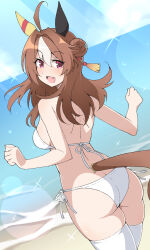 1girl ahoge animal_ears ass back beach bikini blue_sky breasts brown_hair butt_crack commentary_request copano_rickey_(umamusume) cowboy_shot double_bun ear_covers fang from_behind hair_between_eyes hair_bun hair_ornament highres horse_ears horse_girl horse_tail looking_at_viewer looking_back medium_breasts multicolored_hair nel-c outdoors pink_eyes sand shoulder_blades side-tie_bikini_bottom skin_fang skindentation sky solo streaked_hair swimsuit tail tassel tassel_hair_ornament thighhighs thighs umamusume water white_bikini white_hair white_thighhighs
