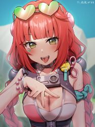 Rule 34 | 1girl, bare shoulders, bead bracelet, beads, blunt bangs, blush, bracelet, braid, braided twintails, breasts, center opening, cleavage, cleavage cutout, clothing cutout, eyewear on head, gao garuru, gradient-tinted eyewear, green eyes, heart, heart-shaped eyewear, highres, jewelry, long hair, looking at viewer, official alternate costume, one-piece swimsuit, open mouth, pink one-piece swimsuit, red hair, smile, solo, sphere hair ornament, spread cleavage, sweat, swimsuit, tinted eyewear, tongue, tongue out, twintails, two-tone one-piece swimsuit, ukinami yuzuha, ukinami yuzuha (tanuki in broad daylight), very long hair, white one-piece swimsuit, zenless zone zero