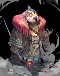 1boy 2025 absurdres artist_name auruto beak bird black_background colored_sclera dated dragon_quest dragon_quest_ix full_body furry furry_male highres holding holding_staff male_focus owl owl_boy red_eyes solo staff sukepmonster yellow_sclera