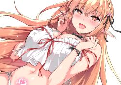 Rule 34 | absurdres, black bow, black bowtie, black ribbon, blonde hair, blush, bow, bowtie, braid, breasts, breasts squeezed together, camisole, cleavage, crown braid, elf, flower, glowing tattoo, hair flower, hair ornament, heart, heart-shaped pupils, highres, long hair, midriff, ninoko, open mouth, original, pointy ears, pubic tattoo, ribbon, simple background, smile, sylpha (ninoko), symbol-shaped pupils, tattoo, white background, white camisole, yellow eyes