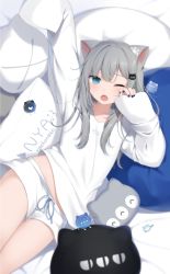 Rule 34 | absurdres, amashiro natsuki, animal ears, black nails, blue eyes, cat-shaped pillow, cat ears, cat girl, eyebrows hidden by hair, grey hair, highres, indie virtual youtuber, long sleeves, nachoneko, nail polish, one eye closed, original, paw hair ornament, sleepwear, sleepy, sleeves past fingers, sleeves past wrists, thighs, virtual youtuber