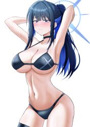 1girl absurdres arm_behind_head armpits bikini black_bikini black_choker blackpoteworx blue_archive blue_eyes blue_hair blue_halo blush breasts choker colored_inner_hair commentary_request cowboy_shot halo highres large_breasts long_hair looking_at_viewer multicolored_hair navel ponytail presenting_armpit saori_(blue_archive) simple_background solo swimsuit thigh_strap thighhighs thighs two-tone_hair wet white_background