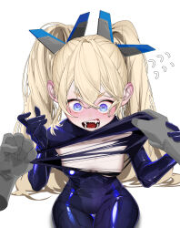 1girl absurdres blonde_hair blue_bodysuit blue_eyes blush bodysuit breasts disembodied_hand ear_blush fangs full-face_blush gimdori goddess_of_victory:_nikke hair_between_eyes hand_on_another&#039;s_arm hand_up highres invisible_chair laplace_(nikke) long_hair open_mouth sitting small_breasts surprised teeth tongue torn_clothes twintails very_long_hair white_background