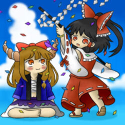 2girls alternate_costume black_hair blue_jacket blue_sky bow brown_horns chest_sarashi chibi chibi_only cloud crossed_legs detached_sleeves gohei hair_bow hair_up hakurei_reimu holding holding_gohei horn_ornament horn_ribbon horns ibuki_suika jacket japanese_clothes looking_at_another lowres mo-musu multiple_girls oni orange_eyes red_bow ribbon sarashi skirt skirt_set sky smile touhou wide_sleeves