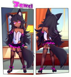 1girl absurdres animal_ear_fluff animal_ears ass bad_tag barefoot black_choker black_gloves black_hair black_shoes black_skirt black_thighhighs bow character_name choker closed_mouth covered_navel dark_skin day elbow_gloves flat_chest footwear_bow fox_ears fox_girl fox_tail frilled_gloves frills from_behind full_body garter_straps glove_bow gloves hair_between_eyes hand_on_own_hip hand_on_own_thigh highres indoors leotard long_hair looking_at_viewer miniskirt moneymop multiple_views o-ring o-ring_choker original outside_border pink_bow pink_eyes pink_gloves pink_pupils pink_skirt pleated_skirt reference_sheet ribs see-through_clothes see-through_thighhighs shoes skirt smile standing tail tail_under_clothes tan thighhighs turnaround two-tone_gloves two-tone_skirt very_long_hair white_leotard