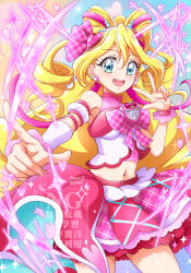 Rule 34 | 1girl, arm warmers, bare shoulders, beads, blonde hair, blue eyes, blush, bow, bow-shaped hair, bow choker, breasts, choker, collarbone, cowboy shot, crop top, cure idol, dated, detached sleeves, drill hair, earrings, hair beads, hair between eyes, hair ornament, hair ribbon, hairband, hands up, hanzou, headset, heart, heart earrings, heart hair ornament, highres, idol, idol clothes, idol heart brooch, jewelry, kimi to idol precure, long hair, looking at viewer, magical girl, medium breasts, midriff, multicolored hair, multiple earrings, navel, open mouth, pink bow, pink hair, pink nails, pink ribbon, pink shirt, pink skirt, pink wrist cuffs, plaid bow, plaid ribbon, pointing, pointing at self, precure, puffy detached sleeves, puffy sleeves, red bow, red choker, ribbon, sakura uta (precure), scrunchie, shirt, shirt bow, single arm warmer, skirt, smile, solo, stomach, streaked hair, teeth, twintails, two-tone hair, upper teeth only, watermark, white arm warmers, white hairband, wrist cuffs, wrist scrunchie