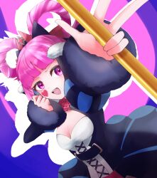 1girl breasts cleavage dress facial_mark fire_emblem fire_emblem_engage folded_twintails fur_wrist_cuffs hair_flaps hair_rings heart heart_facial_mark highres hoippuaniki holding holding_staff hortensia_(fire_emblem) looking_at_viewer medium_breasts nintendo open_mouth solo staff striped_clothes striped_dress wrist_cuffs