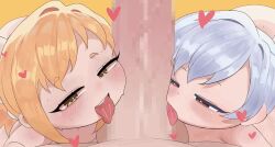 1boy 2girls age_difference animated blonde_hair blue_hair blush brown_eyes censored character_request eyebrows fellatio hetero huge_penis kimi_no_koto_ga_dai_dai_dai_dai_daisuki_na_100-nin_no_kanojo licking loli looking_at_viewer mosaic_censoring motylek multiple_girls open_mouth oral penis pov pov_crotch tagme tongue tongue_out video yellow_eyes