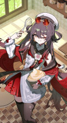 1girl absurdres bare_shoulders beret black_hair checkered_floor chinese_commentary commentary_request eyewear_on_head faucet from_above genshin_impact grin hair_between_eyes hair_rings hat highres holding holding_whisk hu_tao_(cherries_snow-laden)_(genshin_impact) hu_tao_(genshin_impact) indoors kitchen long_sleeves miniskirt off_shoulder official_alternate_costume one_eye_closed qixia red_skirt shirt simple_background sink skirt sleeveless sleeveless_shirt smile solo sunglasses twintails whisk white_background white_hat white_shirt window