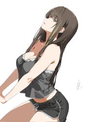 Rule 34 | 1girl, black camisole, black shorts, breasts, brown eyes, brown hair, camisole, commentary, dolphin shorts, english commentary, girls&#039; frontline, green hair, highres, kuro ten7, long hair, m4a1 (girls&#039; frontline), making-of available, medium breasts, midriff, multicolored hair, parted lips, shorts, signature, simple background, solo, streaked hair, two-tone hair, white background
