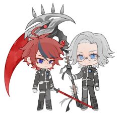 2boys ahoge aotsuki_eito armband black_boots black_hair black_pants black_shirt blue_eyes boots chibi chibi_only closed_mouth full_body hair_between_eyes holding holding_scythe holding_sword holding_weapon last_defense_academy_school_uniform looking_at_viewer male_focus messy_hair multicolored_hair multiple_boys pants red_eyes scythe shirt simple_background smile standing streaked_hair sumino_takumi sword the_hundred_line_-last_defense_academy- weapon white_background white_hair