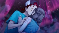 1boy 1girl aurora baseball_cap blue_vest breasts brown_hair casual closed_eyes cloud cloudy_sky couple denim_vest fukuda_tomonori game_cg hair_between_eyes hand_on_another&#039;s_chest hat hetero high_ponytail highres kiss long_hair night night_sky non-web_source official_alternate_costume official_art open_mouth pink_shirt ponytail ponytail_with_braided_base red_hair robotics;notes robotics;notes_dash science_adventure senomiya_akiho shirt shorts sky small_breasts star_(sky) starry_sky teeth upper_teeth_only vest yashio_kaito