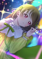 1girl brown_hair colorful_background commentary dress green_ribbon hair_ribbon highres long_sleeves love_live! love_live!_nijigasaki_high_school_idol_club medium_hair mutekikyuu_believer nakasu_kasumi neck_ribbon nyako_(utaneko31) parted_lips pink_eyes ribbon signature solo sparkle tiara yellow_dress