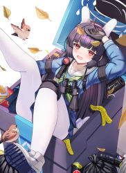 1girl @_@ absurdres ahoge animal_ears banana_peel binoculars bird black_gloves black_hair blue_archive blue_shirt blush fake_animal_ears gloves hairband halo highres in_container knee_pads leaf leaf_on_head long_hair looking_at_viewer melreon miyu_(blue_archive) open_mouth pantyhose pepsi product_placement rabbit_ears red_eyes sailor_collar shirt shoes simple_background single_knee_pad sneakers tearing_up thighs trash_can white_background white_pantyhose