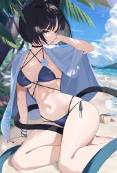 1girl absurdres animal_ear_fluff animal_ears arm_ribbon arm_support bare_legs barefoot beach bikini black_choker black_eyes black_hair black_nails blue_archive blue_bikini blue_ribbon blue_sky breasts bright_pupils cat_ears cat_girl cat_tail choker closed_mouth cloud collarbone criss-cross_halter cumulonimbus_cloud curvy dappled_sunlight day ddog eyeshadow foot_out_of_frame hair_between_eyes halterneck hand_up hashtag-only_commentary highres kikyou_(blue_archive) kikyou_(swimsuit)_(blue_archive) looking_at_viewer makeup medium_breasts multiple_tails nail_polish navel ocean official_alternate_costume outdoors palm_tree red_eyeshadow ribbon sandals seductive_smile short_hair side-tie_bikini_bottom sitting skindentation sky smile solo stomach straight_hair sunlight swimsuit tail thighs tree two_tails underboob unworn_sandals white_pupils yokozuwari