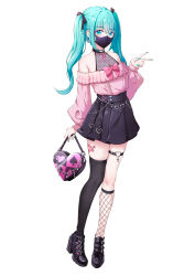 1girl absurdres aqua_eyes aqua_hair aqua_nails asymmetrical_legwear bag bandaid bandaid_on_leg bare_shoulders black_choker black_ribbon black_shoes black_skirt black_thighhighs bow chinese_commentary choker collarbone commentary_request ear_piercing earrings fishnet_socks fishnets full_body hair_ribbon hatsune_miku heart-shaped_bag heart_ornament highres holding holding_bag jewelry jirai_kei long_hair looking_at_viewer mask miniskirt mouth_mask nail_polish off-shoulder_shirt off_shoulder piercing pink_bow pink_shirt pink_sleeves ribbon schodinger shirt shoes simple_background skirt socks solo standing stud_earrings thigh_strap thighhighs twintails v vocaloid white_background