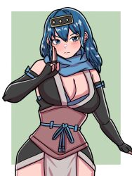 1girl alternate_costume bad_tag black_dress blue_eyes blue_hair blue_scarf breasts cleavage dress female_byleth_(fire_emblem) fire_emblem fire_emblem:_three_houses hairband highres large_breasts long_hair mnejing30 ninja nintendo scarf solo