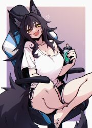 +_+ 1girl animal_ears bags_under_eyes between_legs black_hair black_shorts black_tail blush borrowed_character breasts can chair cleavage collarbone commentary commission dolphin_shorts dryegen fang full_body gaming_chair gike gradient_background hair_intakes hair_over_eyes hair_over_shoulder hand_between_legs highres holding holding_can large_breasts long_hair looking_at_viewer open_mouth original shirt shorts simple_background single_bare_shoulder single_off_shoulder sitting smile squeans swivel_chair t-shirt tail thighs very_long_hair wariza white_background white_shirt wolf_earswolfx_girl wolf_tail yellow_eyes