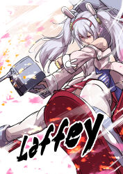 1girl absurdres animal_ears azur_lane character_name fake_animal_ears highres holding holding_weapon jacket laffey_(azur_lane) long_hair oriue_wato pink_jacket rabbit_ears red_eyes rigging ship_turret sketch solo twintails weapon white_hair