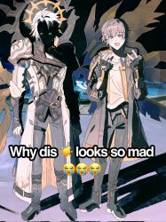 Rule 34 | 2boys, antenna hair, arm armor, armor, black boots, black coat, black gloves, black pants, blue cape, blush, boots, caelus (honkai: star rail), cape, clenched hands, coat, collarbone, crying emoji, dada dain, emoji, english text, face in shadow, fingerless gloves, fingernails, full body, gloves, grey hair, grey pants, hair between eyes, halo, halo behind head, hands up, highres, honkai: star rail, honkai (series), hood, hooded coat, jacket, lapels, long sleeves, looking at viewer, male focus, meme, multiple boys, open clothes, open coat, open mouth, outdoors, pants, phainon (honkai: star rail), shadow, shirt, short hair, shoulder armor, smile, standing, sun symbol, t-shirt, thigh strap, trailblazer (honkai: star rail), transparent wings, two-sided coat, two-sided fabric, white hair, white jacket, white shirt, why dis ninja look so mad (meme), wings, yellow coat
