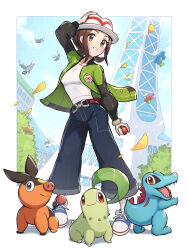 1girl absurdres arm_up belt blue_pants blue_sky breasts brown_eyes brown_hair building chikorita creatures_(company) falling_petals harmony_(pokemon) fletchling floette floette_(blue_flower) floette_(red_flower) floette_(white_flower) full_body game_freak gen_2_pokemon gen_5_pokemon gen_6_pokemon gonzarez green_jacket grin hand_on_own_head hat highres holding holding_poke_ball jacket lumiose_city nintendo pants petals poke_ball poke_ball_(basic) pokemon pokemon_(creature) pokemon_legends:_z-a shirt shoes short_hair sky smile starter_pokemon_trio tepig totodile white_hat white_shirt
