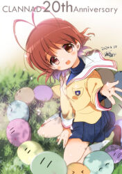 Rule 34 | &gt; &lt;, 1girl, ^ ^, anniversary, antenna hair, blue skirt, blush, brown eyes, brown hair, clannad, closed eyes, copyright name, dango daikazoku, dated, fujii rino, furukawa nagisa, grass, hikarizaka private high school uniform, long sleeves, looking at viewer, open mouth, pleated skirt, sailor collar, school uniform, serafuku, shoes, signature, sitting, skirt, socks, white sailor collar, white socks