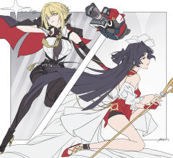 2girls astra_yao bangboo_(zenless_zone_zero) black_hair black_pants blonde_hair chest_harness coat coat_on_shoulders collared_shirt dress elbow_gloves eve_fcat evelyn_chevalier fingerless_gloves gloves hairband half_gloves harness high-waist_pants high_heels highres holding holding_knife holding_microphone_stand knife latex_pants long_hair microphone_stand multiple_girls necktie pants red_dress red_gloves shirt single_elbow_glove single_half_glove tight_clothes tight_pants uneven_bangs white_hairband white_shirt yellow_necktie zenless_zone_zero