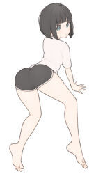 Rule 34 | 1girl, 1ssakawaguchi, absurdres, ahoge, ass, barefoot, black shorts, bob cut, brown hair, closed mouth, commentary request, dolphin shorts, from behind, full body, grey eyes, highres, ichika (1ssakawaguchi), legs, looking at viewer, looking back, original, shirt, short hair, short shorts, shorts, simple background, smile, solo, t-shirt, thighs, toes, white background, white shirt