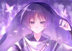 1boy blunt_ends blush bug butterfly choppy_bangs closed_mouth clothing_cutout colored_eyelashes curled_fingers eyeliner eyeshadow falling_petals genshin_impact hand_up highres insect japanese_clothes kariginu kimono looking_at_viewer makeup male_focus petals pink_butterfly pink_petals portrait purple_eyes purple_hair purple_kimono purple_sleeves purple_veil red_eyeliner red_eyeshadow scaramouche_(genshin_impact) scaramouche_(kabukimono)_(genshin_impact) see-through_clothes see-through_veil shoulder_cutout smile solo straight-on string tasuki toa_scara tsurime veil white_sleeves