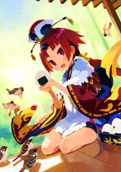 1girl :d animal apron back_bow beni-enma beni-enma_(first_ascension) bird black_bow black_horns blunt_bangs blunt_ends bow dutch_angle fate/grand_order fate_(series) floating_clothes floating_hair food game_cg gradient_hair hands_up harada_takehito holding holding_food horns japanese_clothes kimono long_sleeves looking_at_viewer low_ponytail multicolored_hair official_art onigiri open_mouth orange_hair parted_bangs petite ponytail red_eyes red_hair red_kimono seiza short_kimono sidelocks single_horn sitting smile solo third-party_source white_apron wide_sleeves