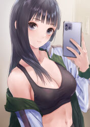 1girl absurdres black_eyes black_hair black_sports_bra blue_reflection_(series) blue_reflection_sun blunt_bangs breasts cellphone cleavage collarbone hair_over_breasts highres jacket jacket_partially_removed kishida_mel looking_at_viewer medium_breasts navel open_clothes open_jacket phone selfie smartphone solo sports_bra sportswear track_jacket xiao_meiqi